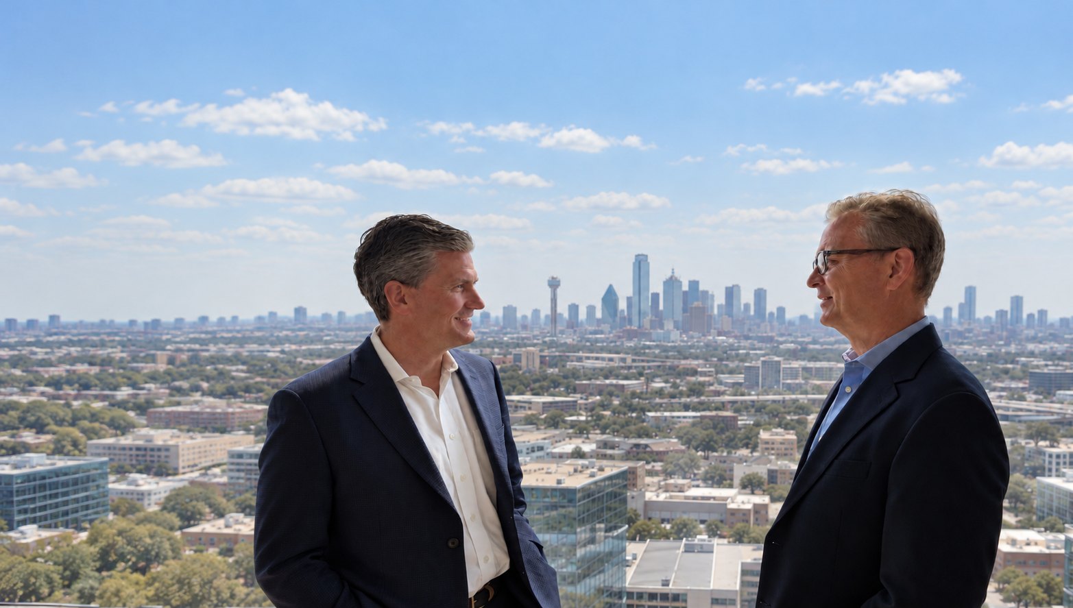 RCM co-founders David Roosevelt and Michael O’Brien in conversation in front of the Dallas skyline.
