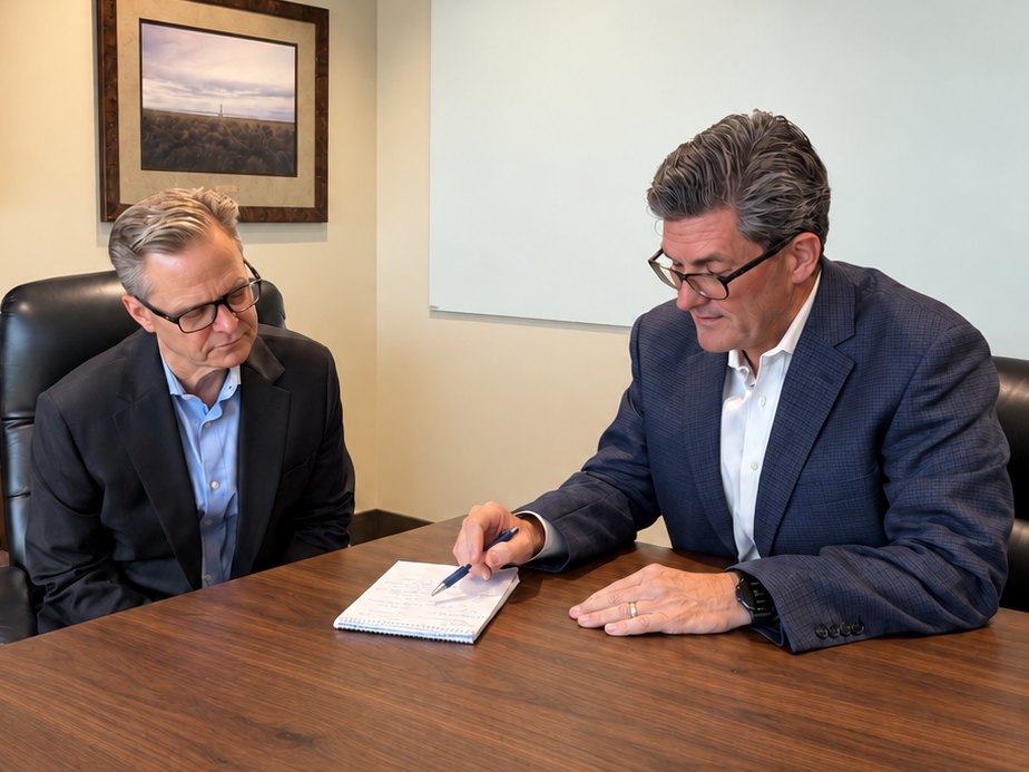 David Roosevelt walks Michael O’Brien through notes on a legal pad at a conference table.