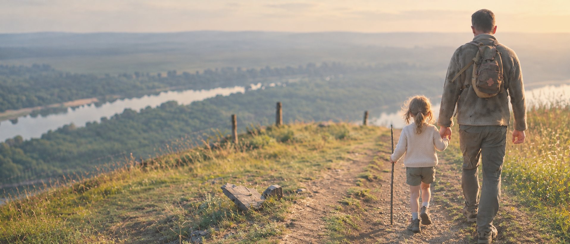 A father and young daughter walk hand in hand along a ridge trail above a wide river valley at golden hour.