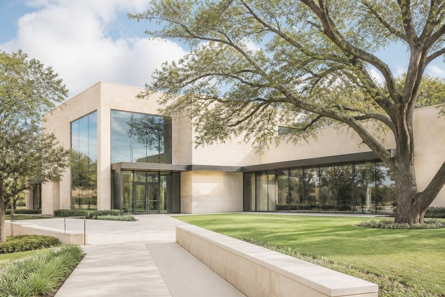 A modern cream limestone office building with glass walls beside a large oak tree on a green lawn.