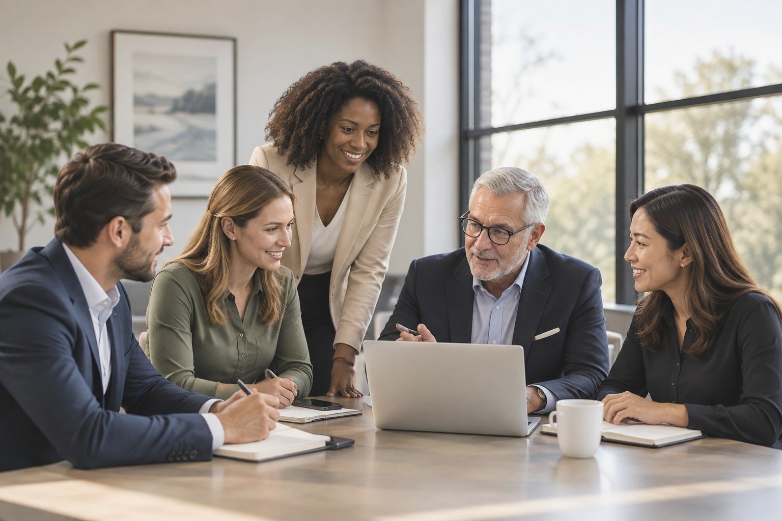 Five colleagues in business attire talking around a laptop at a conference table in a bright office.