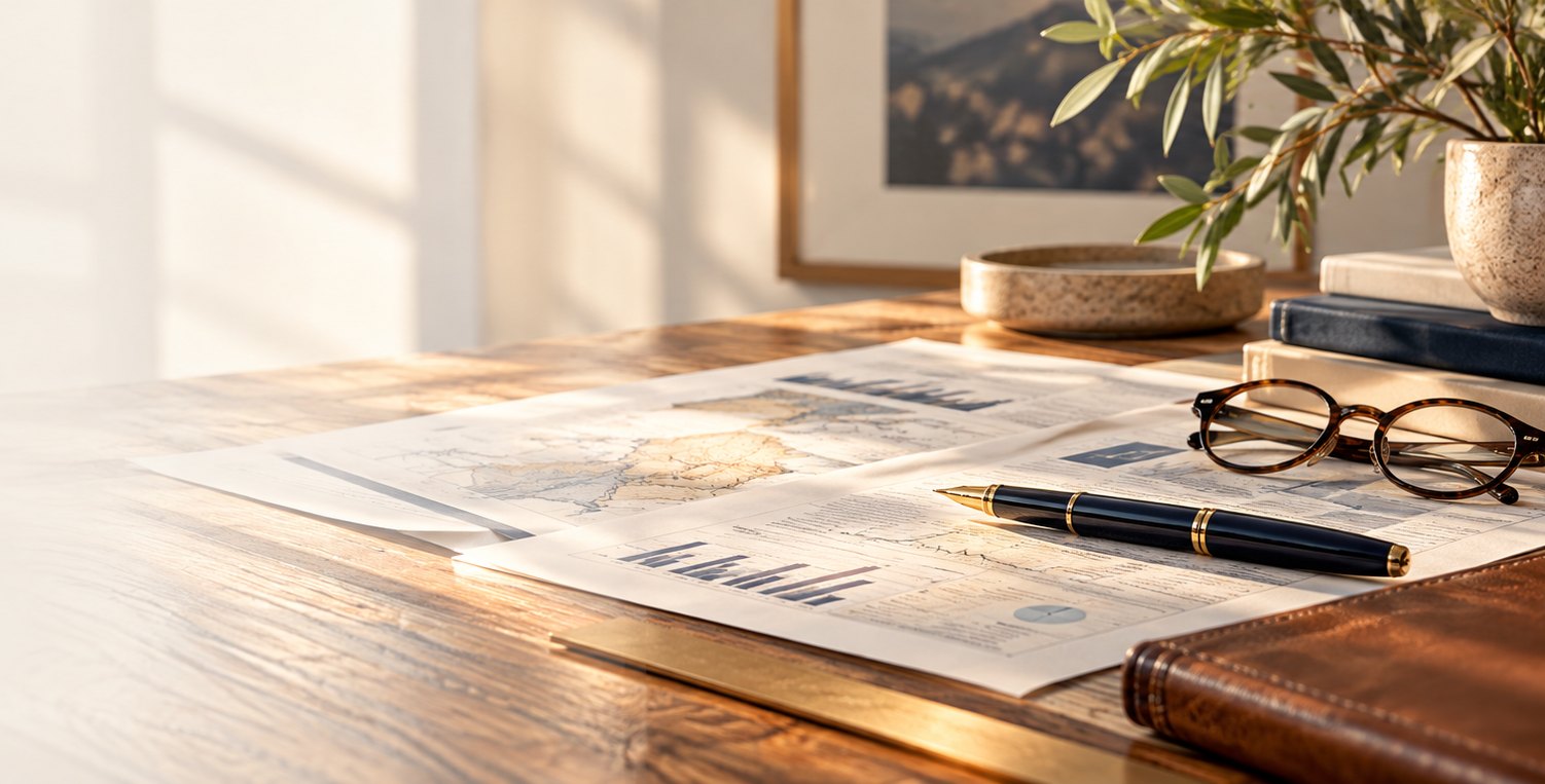 Market research papers, a fountain pen and reading glasses on a sunlit wooden desk.