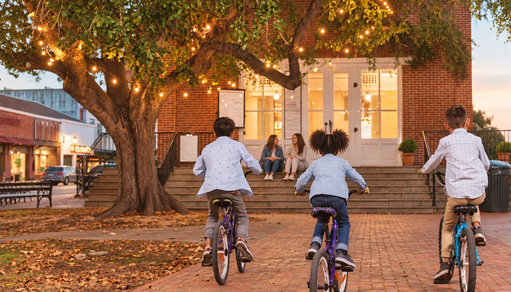Three children ride bicycles across a brick town square toward two women talking on the steps of a lit building under a string-lit oak tree at dusk.