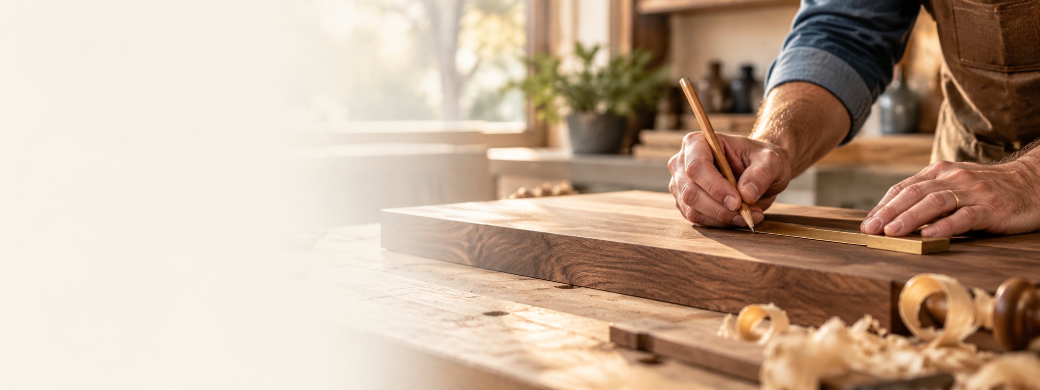A woodworker’s hands marking a walnut board with a pencil and brass ruler, with wood shavings on the bench.