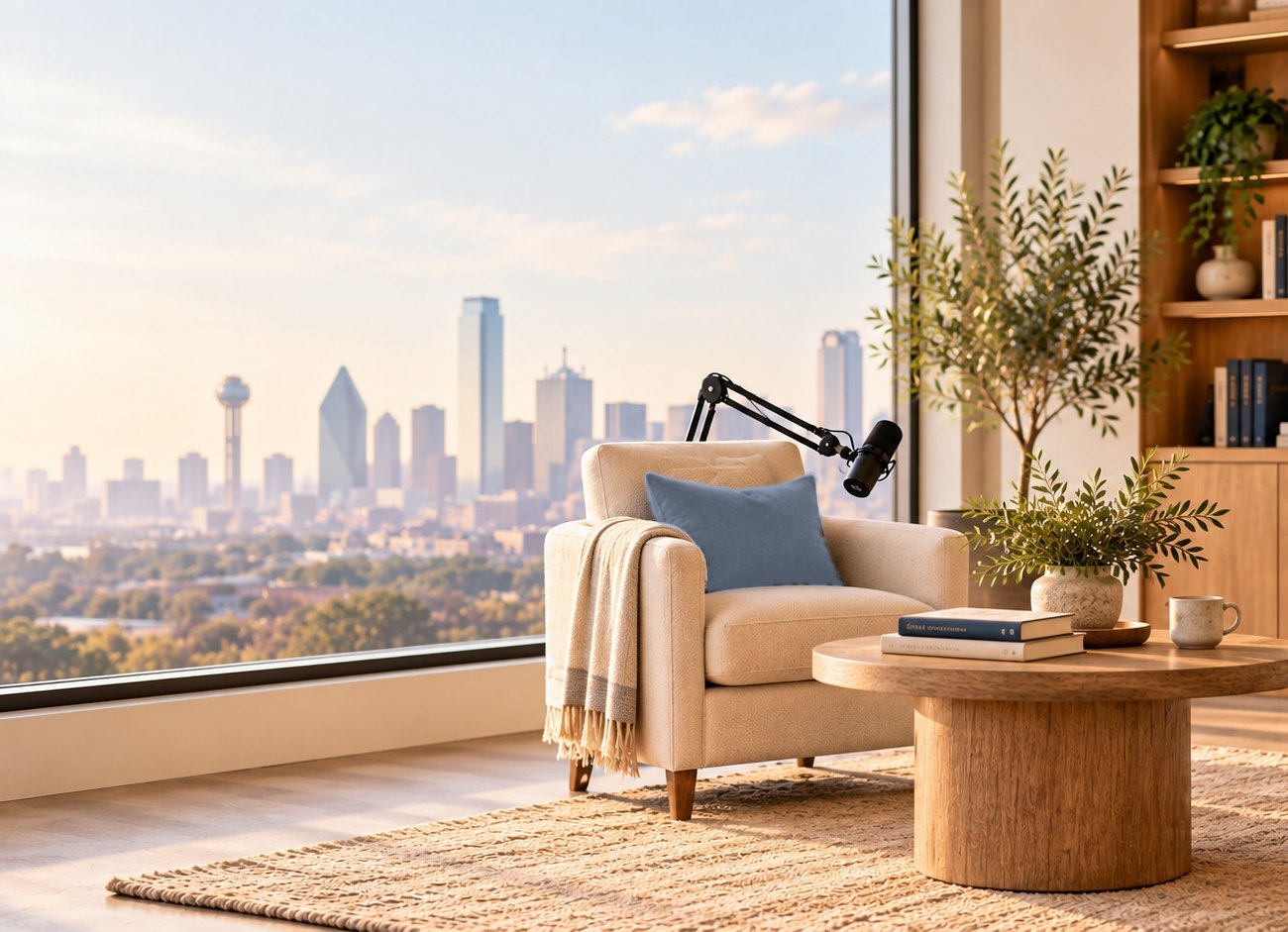 A bright podcast studio with two armchairs, microphones and bookshelves beside a window overlooking the Dallas skyline.
