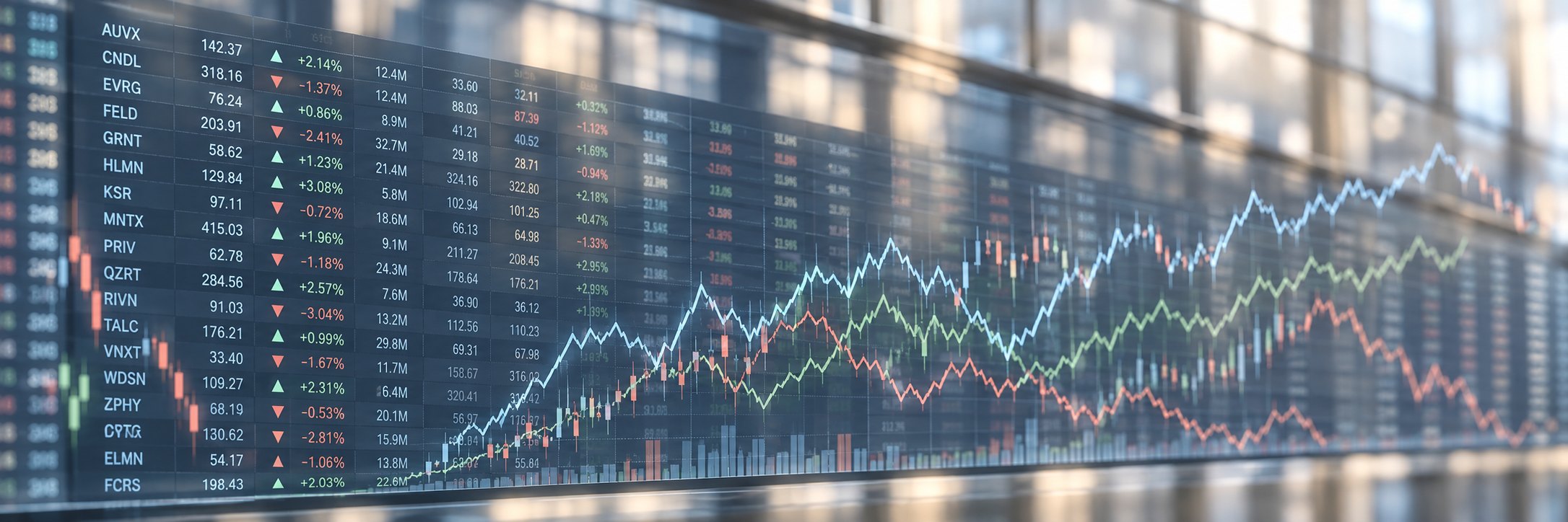An illustrative market data board with ticker prices and price charts in a bright, glass-walled building.
