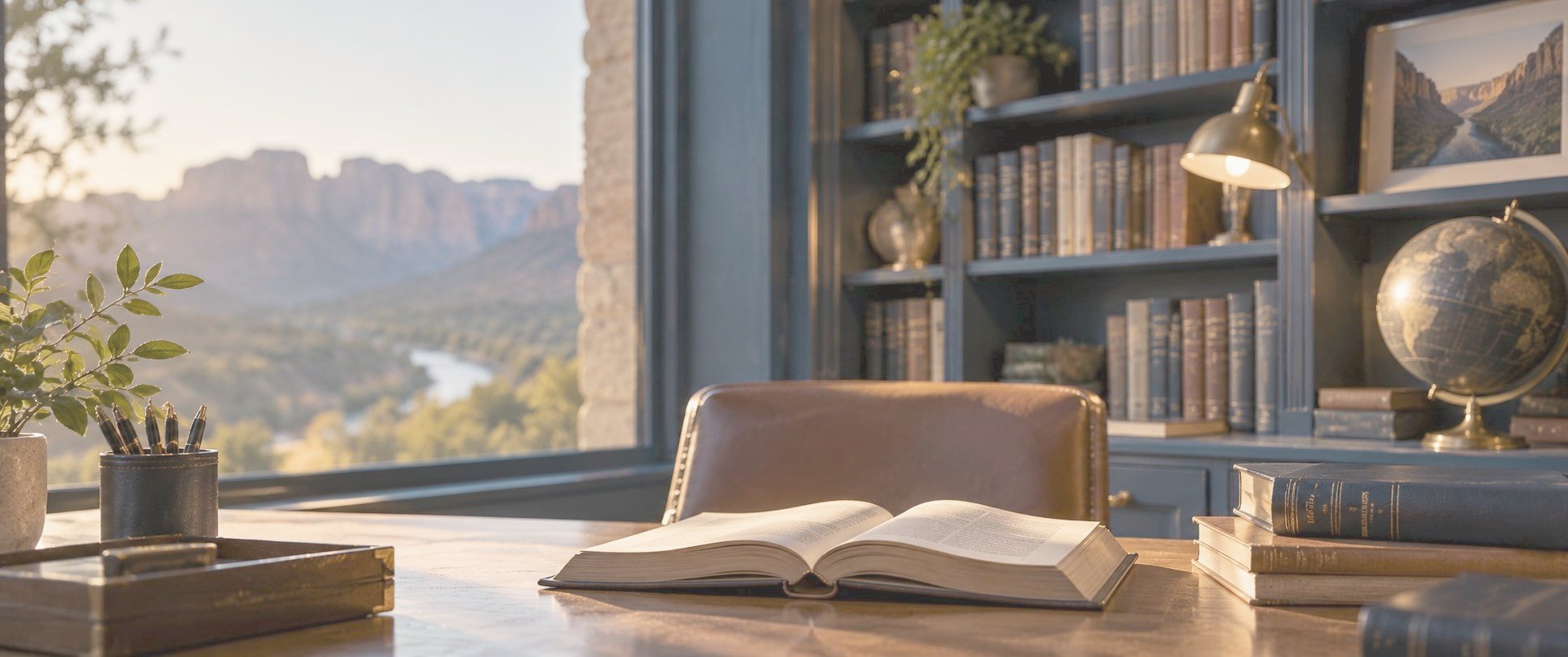 A quiet library reading desk with open books.