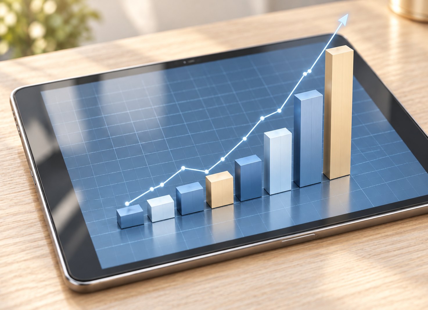 A tablet on a sunlit wooden desk showing an illustrative bar chart in soft blue and gold.