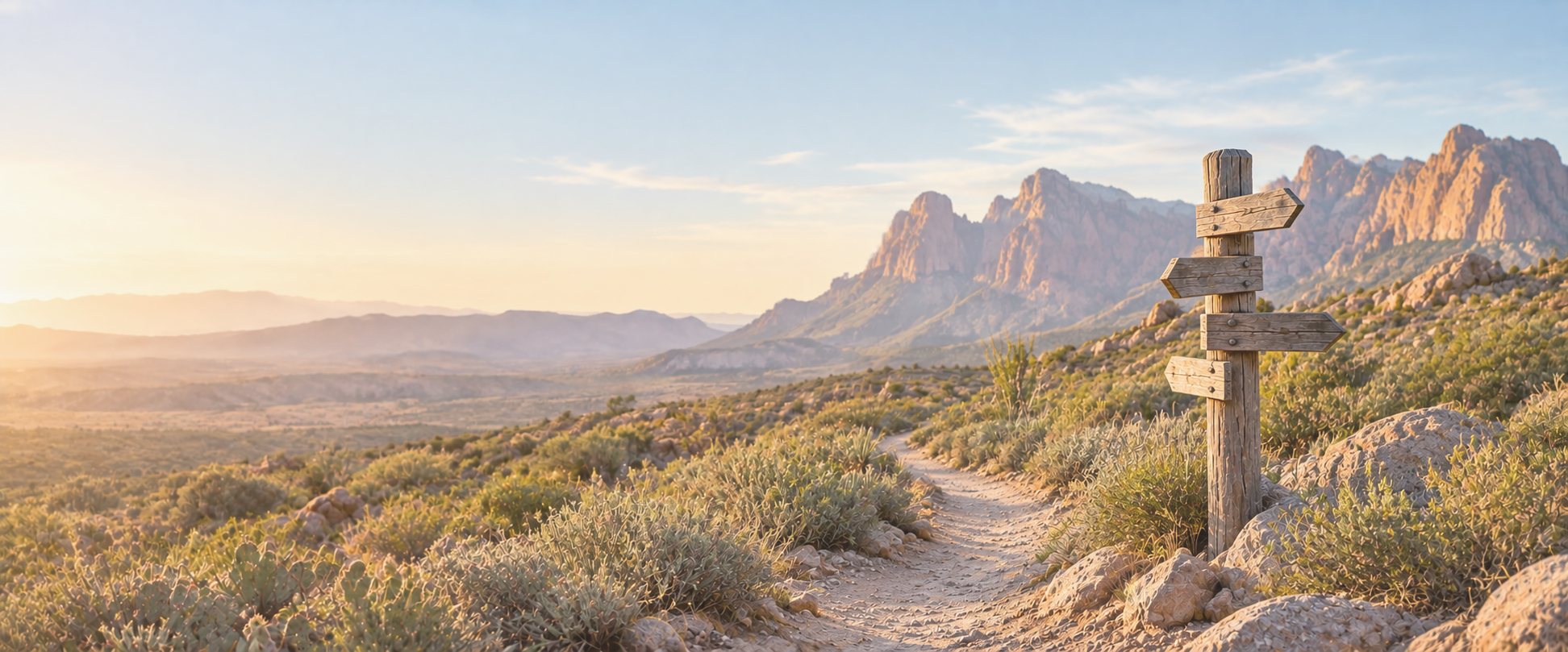 A wooden trail signpost pointing several directions beside a desert trail, with sunlit mountains beyond.