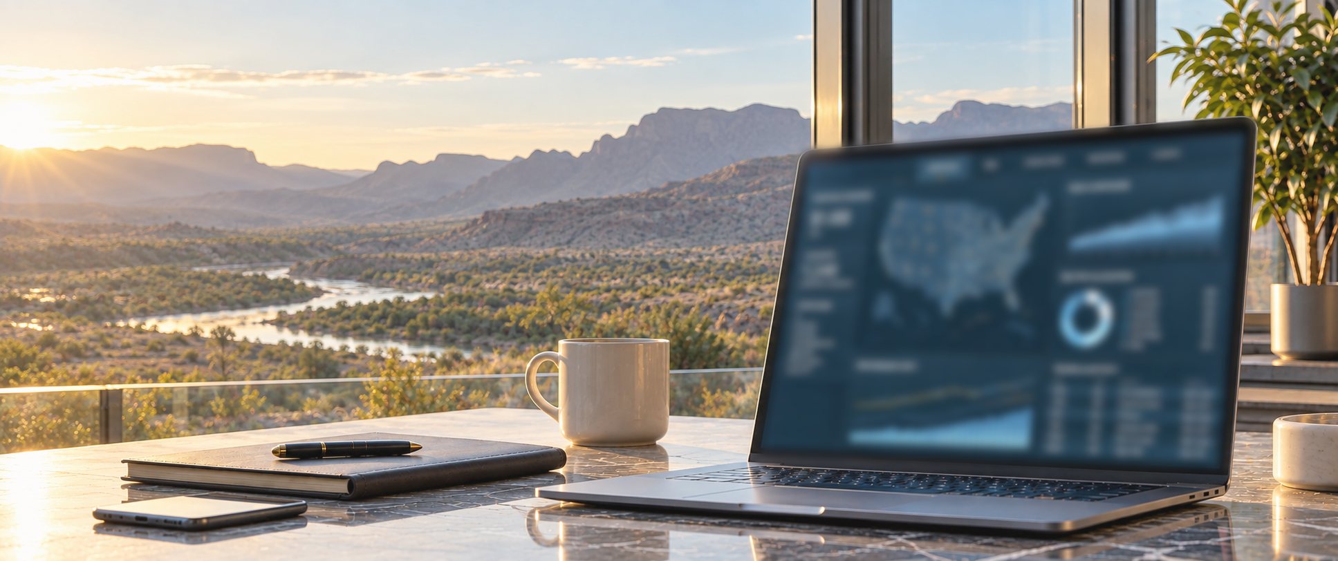 A laptop on a desk by a window overlooking a desert river valley and mountains at sunset.